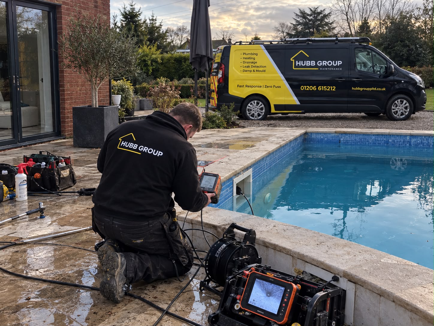HUBB Group pool leak detection engineer with specialist equipment
