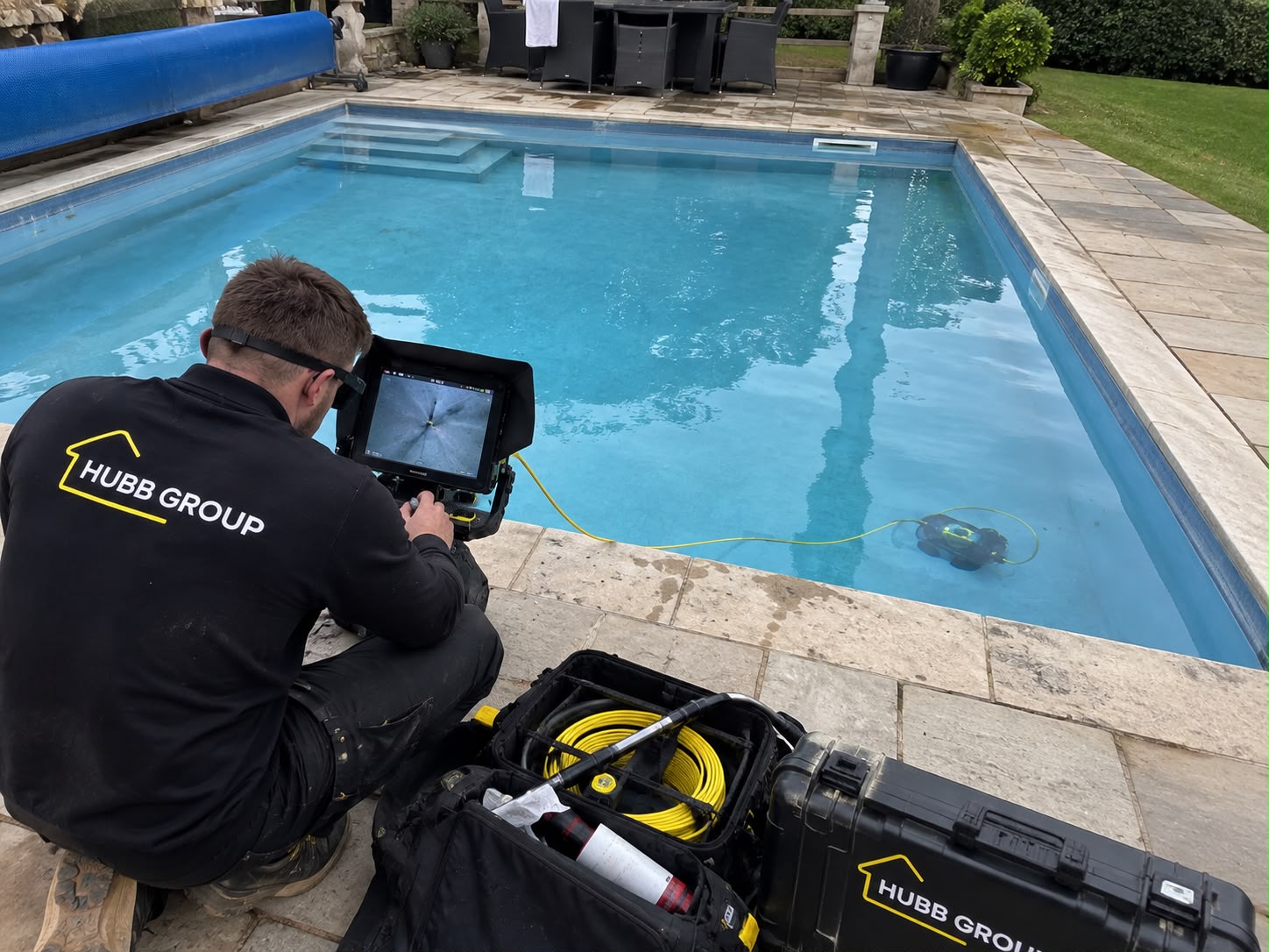 HUBB Group engineer conducting swimming pool leak detection with ROV camera